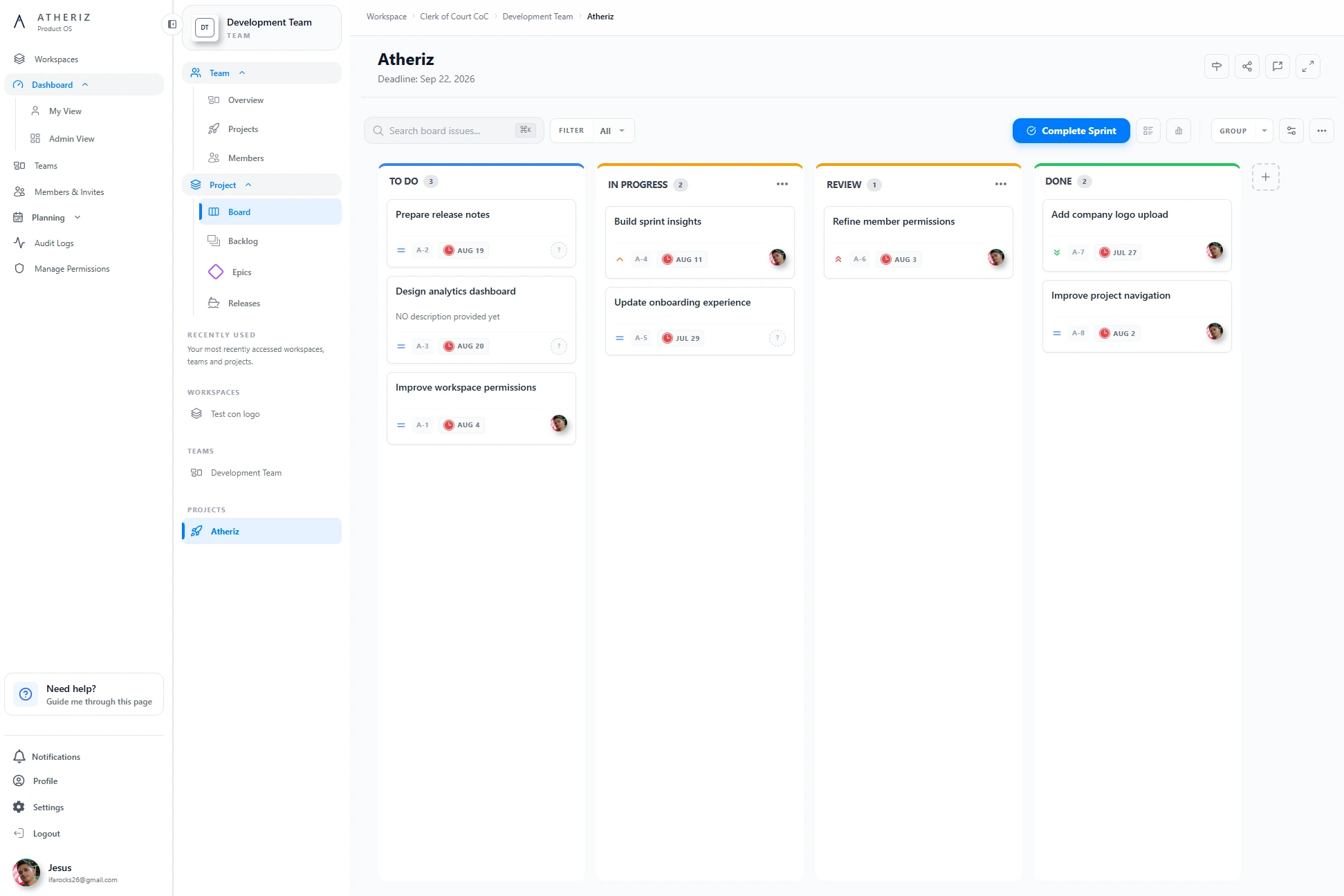 Atheriz project board showing tasks organized across to do, in progress, review, and done columns
